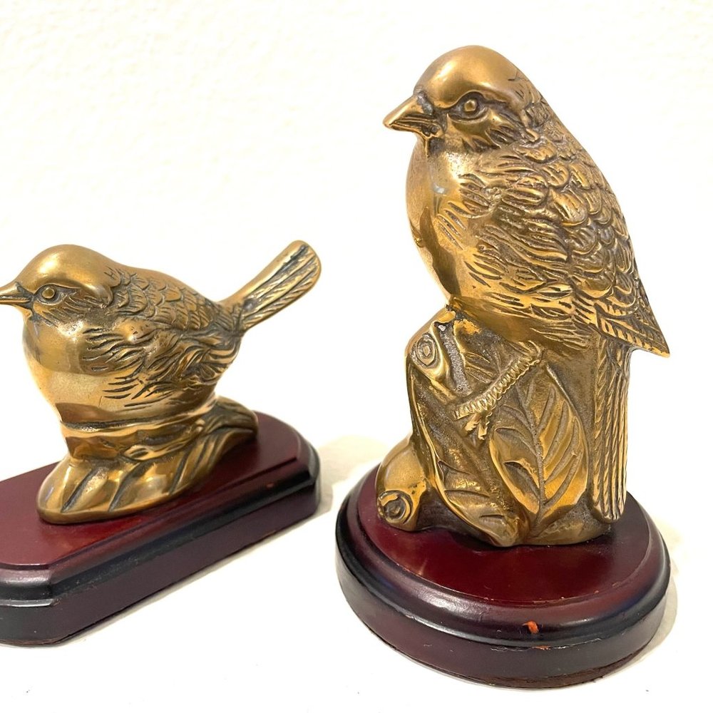 Brass Birds Elaborate Statues Bookends On Mahogany Stands